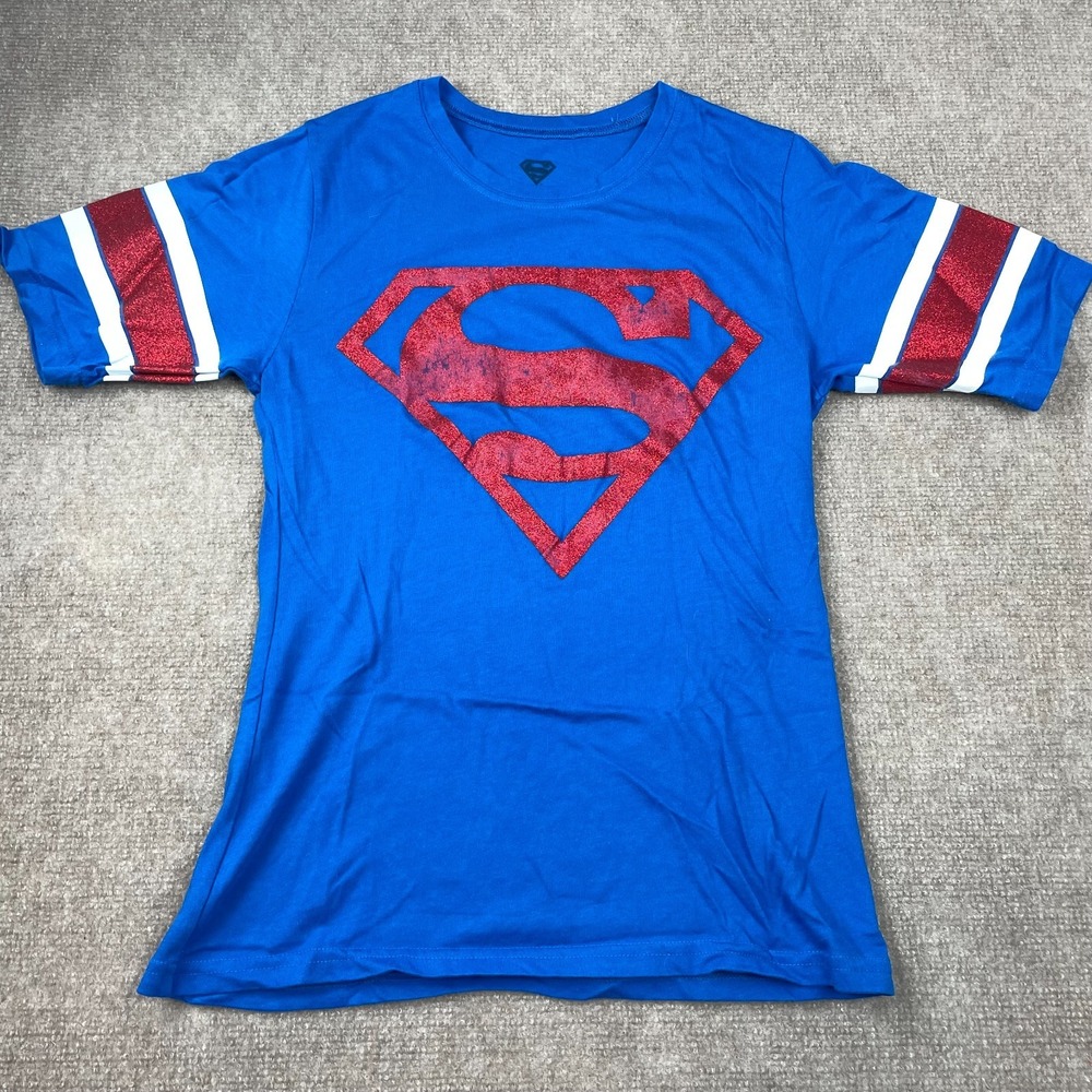 DC Comics Superman T-Shirt Kids Large (11/13) Blue Cotton Glitter Logo Casual